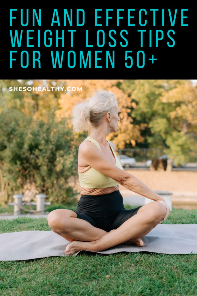 Weight loss over 50. Woman stretching on exercise mat.