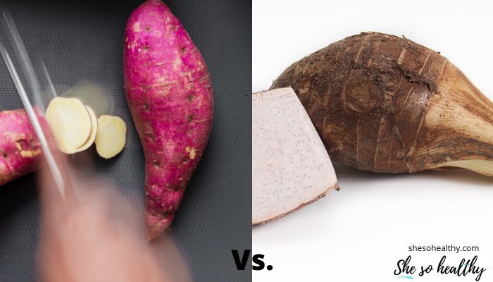 A sweet potato with pink skin and cream flesh pictured beside a yam with white purple flesh and thick brown skin