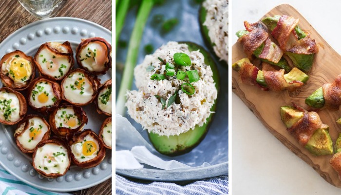 High Protein Whole30 Snacks including egg and bacon cups, tuna and avocado wrapped in bacon