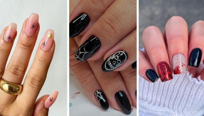 Simple Halloween Nails including red and black short nails, spider nails, ghost nails and more.
