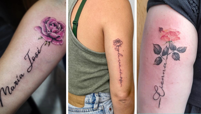 Rose tattoos with name in stem